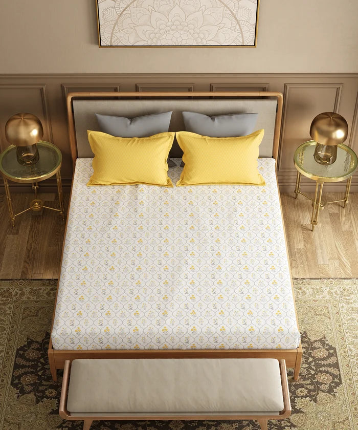 Utsav Printed King Bedsheet Set, Gulnoor Yellow| 120TC Cotton| 2 Pillow Covers