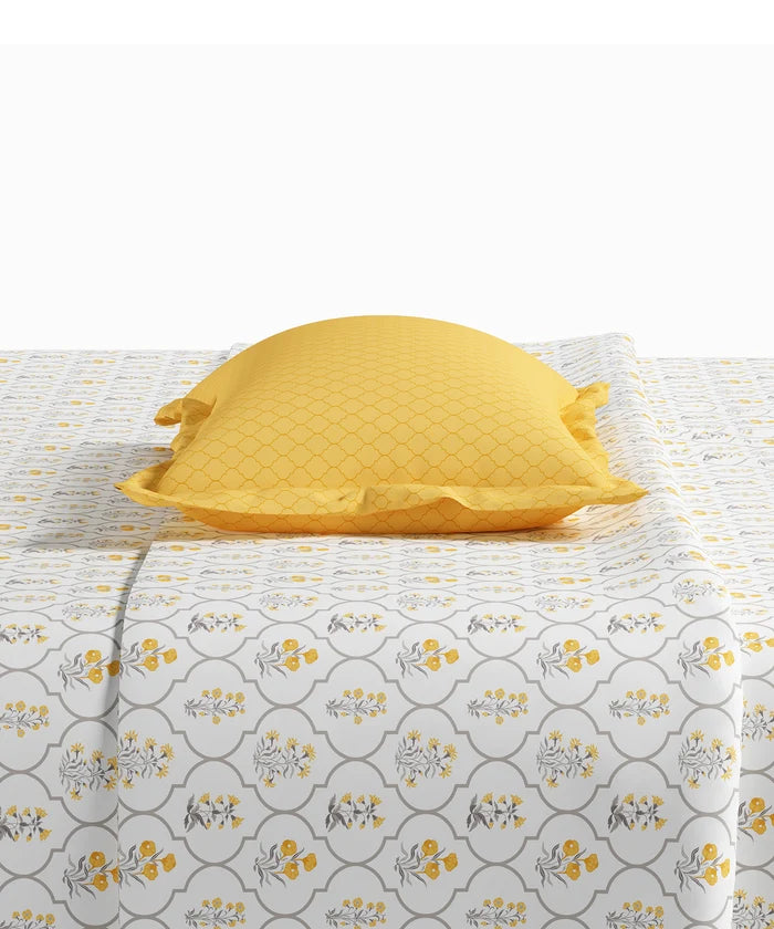 Utsav Printed King Bedsheet Set, Gulnoor Yellow| 120TC Cotton| 2 Pillow Covers