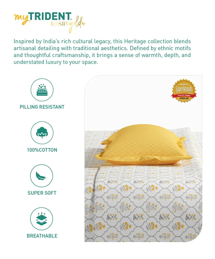 Utsav Printed King Bedsheet Set, Gulnoor Yellow| 120TC Cotton| 2 Pillow Covers