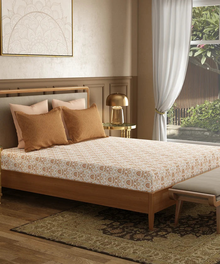 Utsav Printed King Bedsheet Set, Gulrez Brown| 120TC Cotton| 2 Pillow Covers
