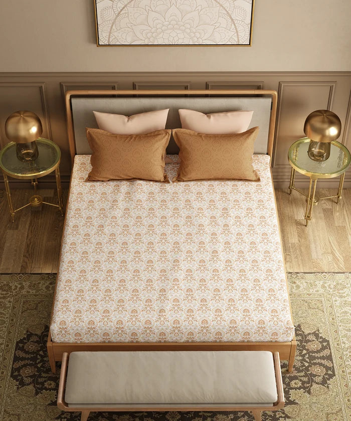 Utsav Printed King Bedsheet Set, Gulrez Brown| 120TC Cotton| 2 Pillow Covers