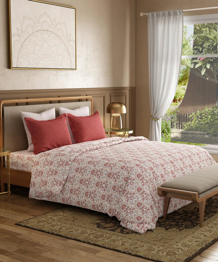 Utsav Printed King Bedsheet Set, Gulrez Red| 120TC Cotton| 2 Pillow Covers