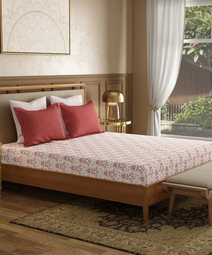 Utsav Printed King Bedsheet Set, Gulrez Red| 120TC Cotton| 2 Pillow Covers