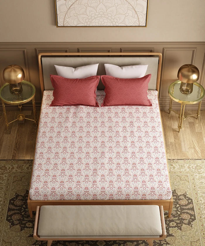 Utsav Printed King Bedsheet Set, Gulrez Red| 120TC Cotton| 2 Pillow Covers