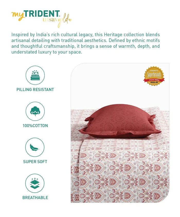 Utsav Printed King Bedsheet Set, Gulrez Red| 120TC Cotton| 2 Pillow Covers