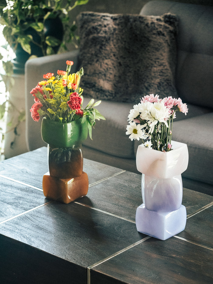Verde & Mauve Swirled Bowlder Vases, Set of 2