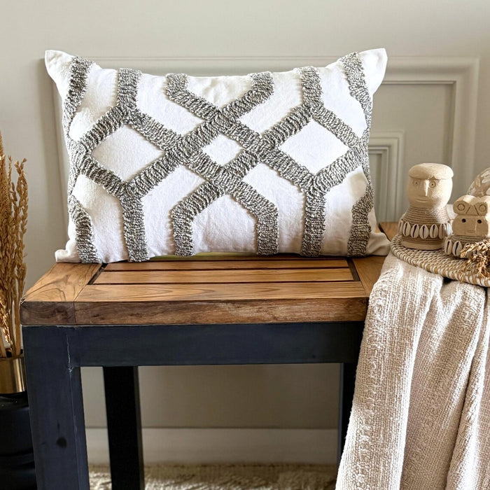 White Cotton Lumbar Pillow Cover - Interlace Trellis