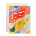 You Are A Work Of Art handmade artisanal greeting card with blue, orange and yellow paint swirls and an envelope on a white background.