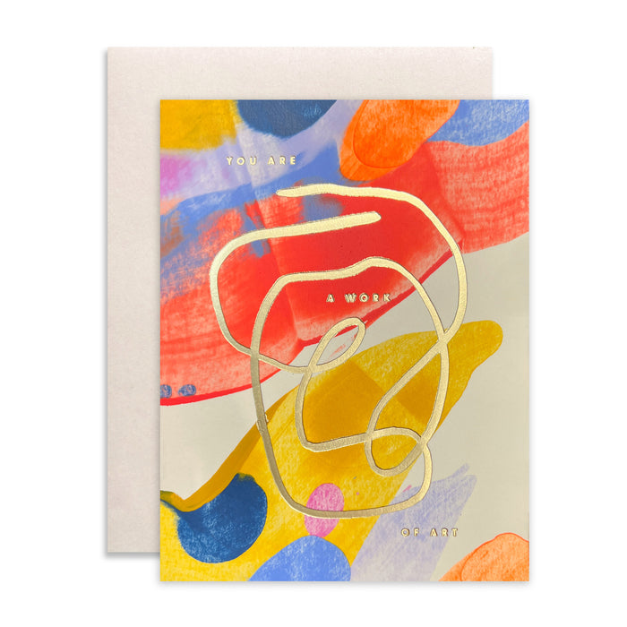 You Are A Work Of Art handmade artisanal greeting card with blue, orange and yellow paint swirls and an envelope on a white background.